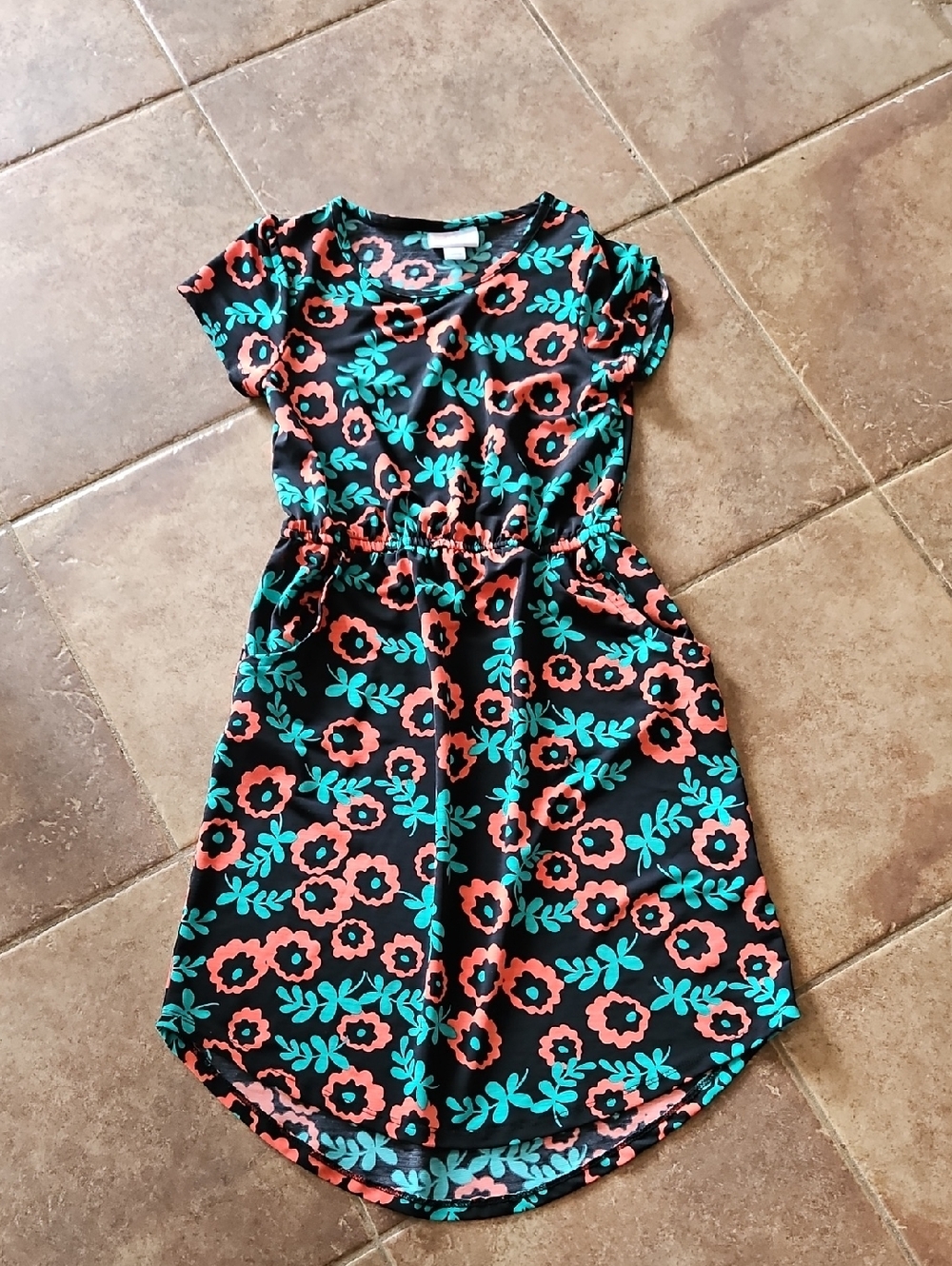 LuLaRoe Black Dress with Coral Flowers and Teal Leaves